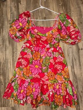 Flying Tomato Vibrant Pink Floral Puff-Sleeve Dress